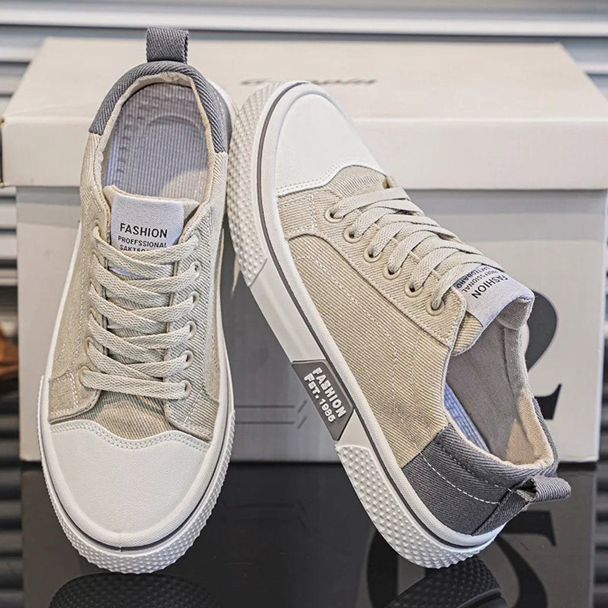 Men's Lace-Up Colour-Block Canvas Low-Top Trainers - Beige
