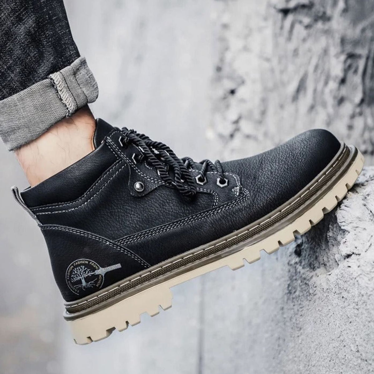 Men's Lace-Up Grain-Textured Rugged Work Boots