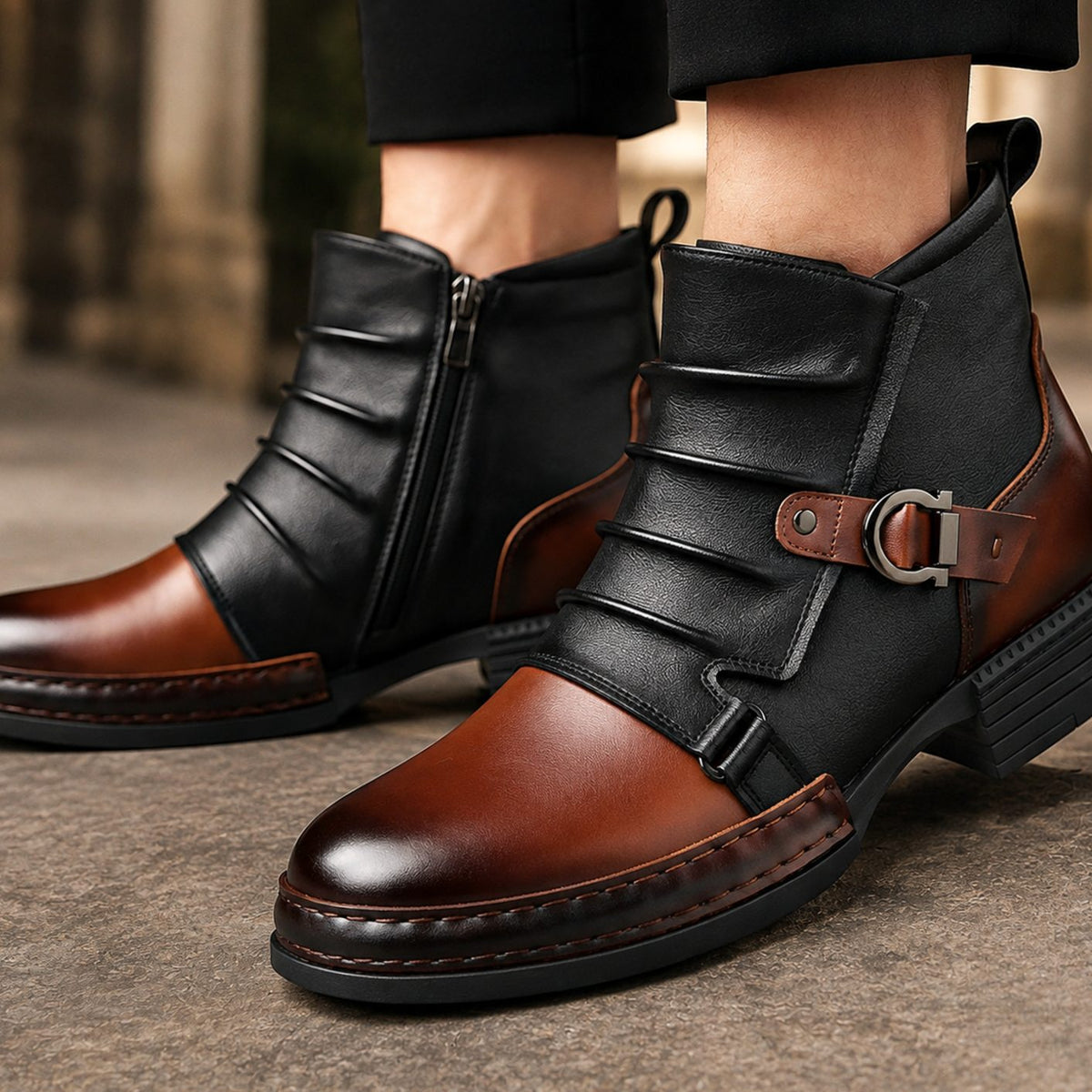 Men's Leather Two-Tone Buckle Ankle Boots Side Zip - Black