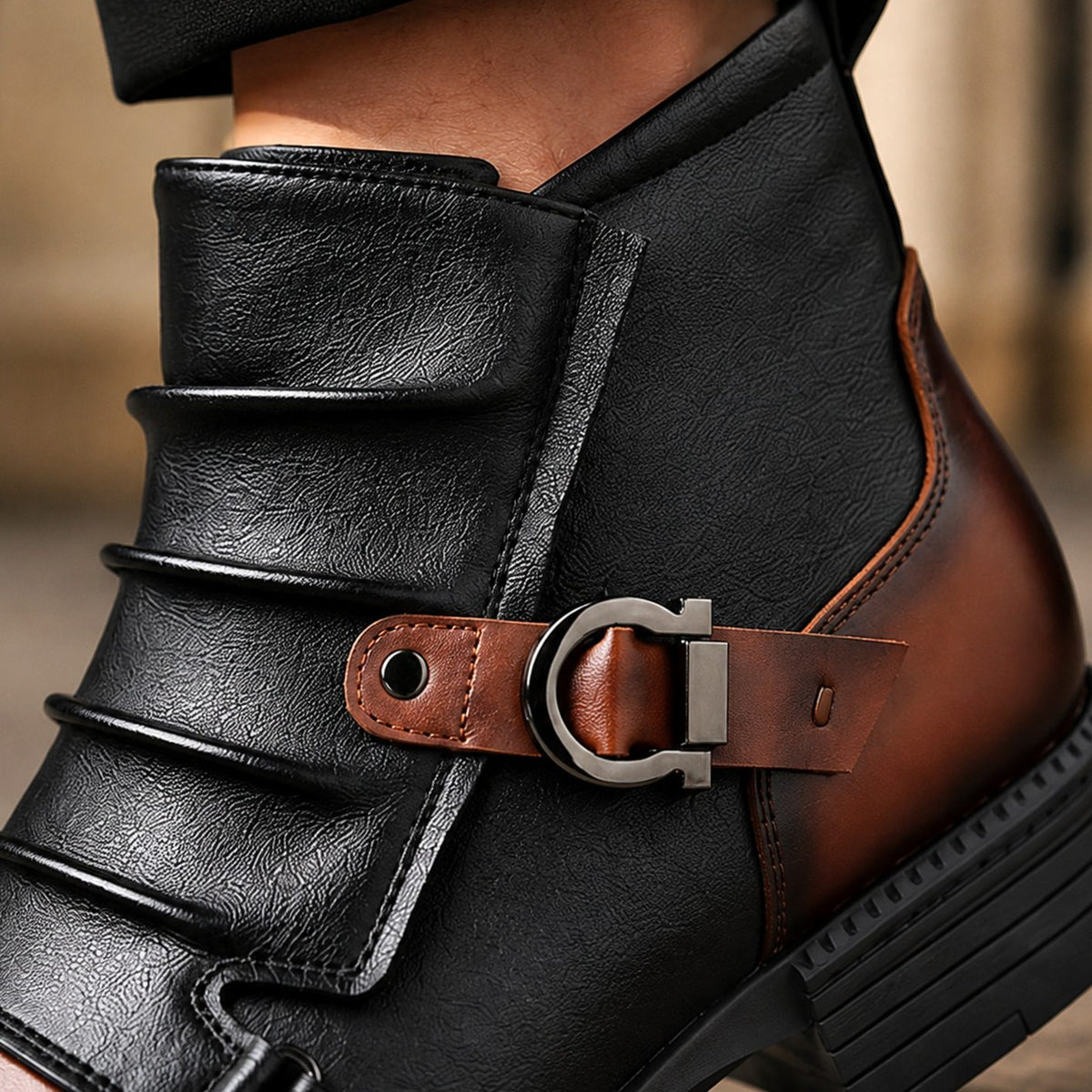 Men's Leather Two-Tone Buckle Ankle Boots Side Zip