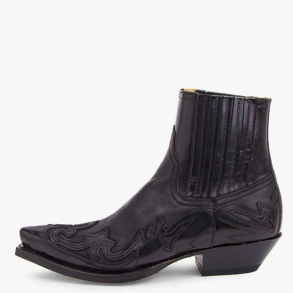 Men's Leather Western Embroidered Cowboy Ankle Boots - Black