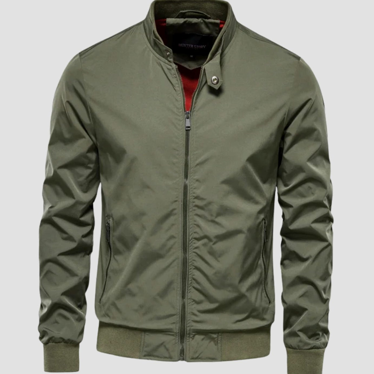 Men's Lightweight Bomber Jacket Zip-Up Ribbed-Cuff Harrington - Green