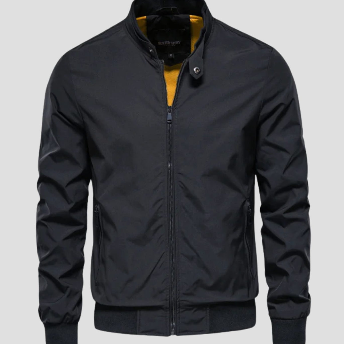 Men's Lightweight Bomber Jacket Zip-Up Ribbed-Cuff Harrington - Black