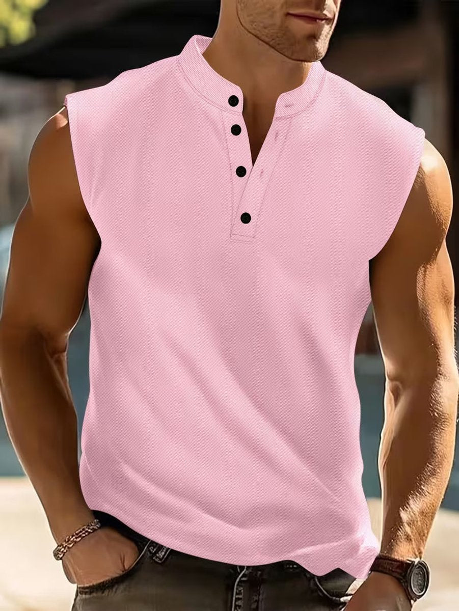 Men's Lightweight Breathable Henley Sleeveless Vest Top - Pink