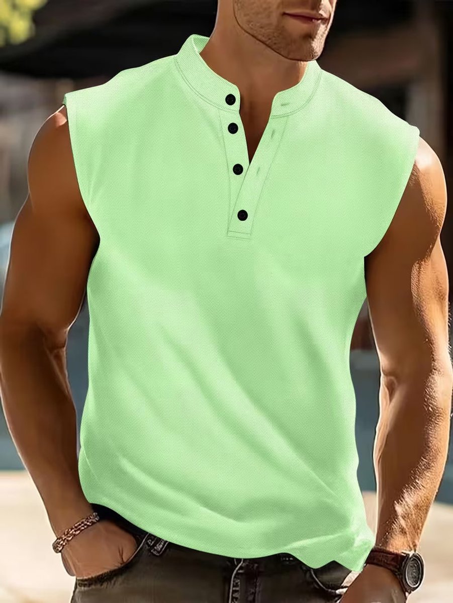 Men's Lightweight Breathable Henley Sleeveless Vest Top - Light Green