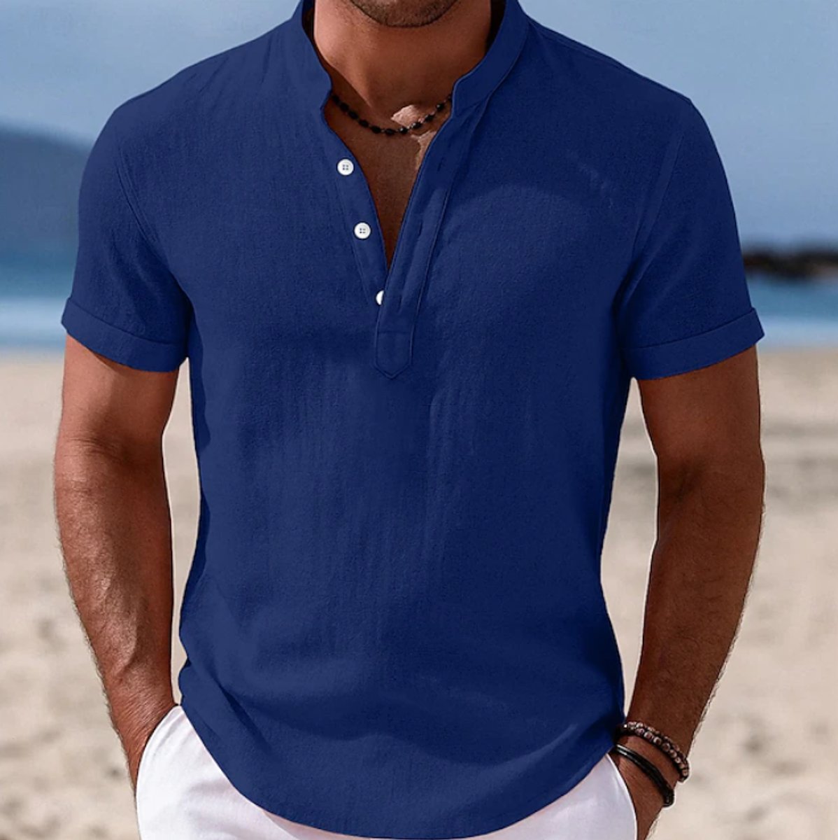 Men's Lightweight Linen-Feel Short-Sleeve Henley Shirt - Blue