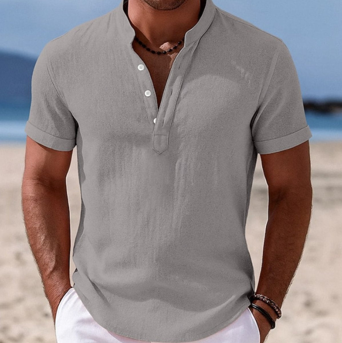 Men's Lightweight Linen-Feel Short-Sleeve Henley Shirt - Grey
