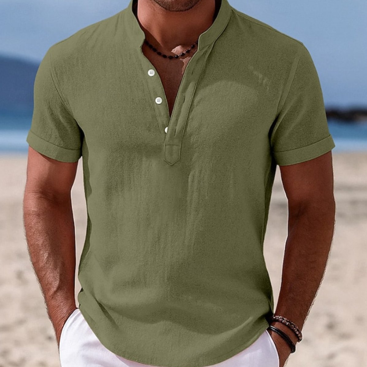 Men's Lightweight Linen-Feel Short-Sleeve Henley Shirt - Green