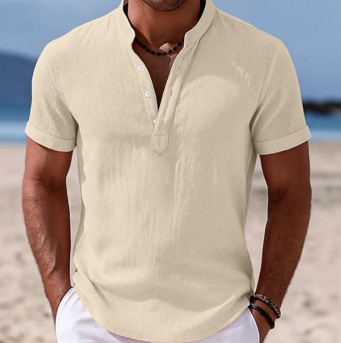 Men's Lightweight Linen-Feel Short-Sleeve Henley Shirt - Beige