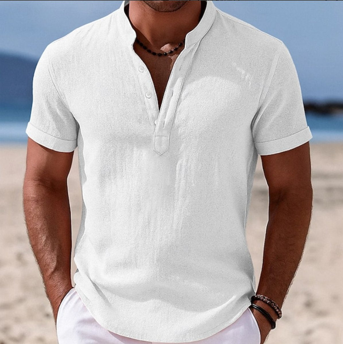 Men's Lightweight Linen-Feel Short-Sleeve Henley Shirt - White