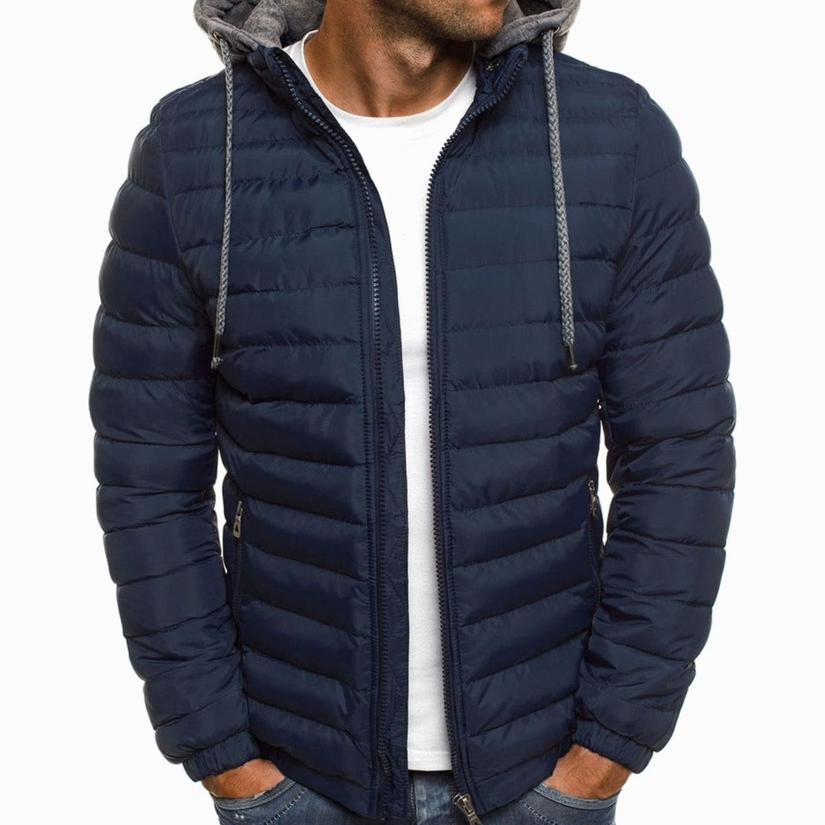 Men's Lightweight Quilted Hooded Puffer Jacket Thermal Insulated - Navy Blue
