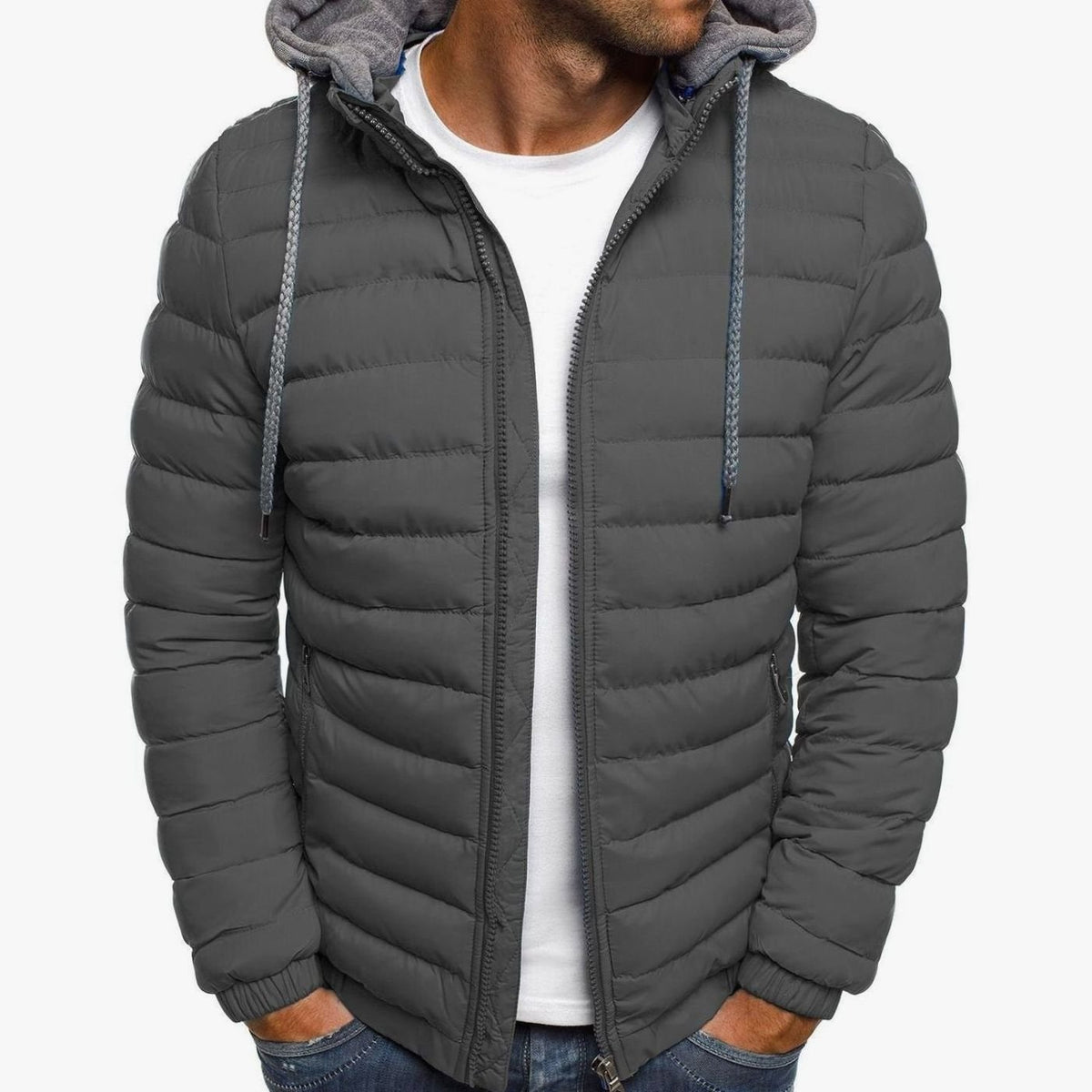Men's Lightweight Quilted Hooded Puffer Jacket Thermal Insulated - Grey