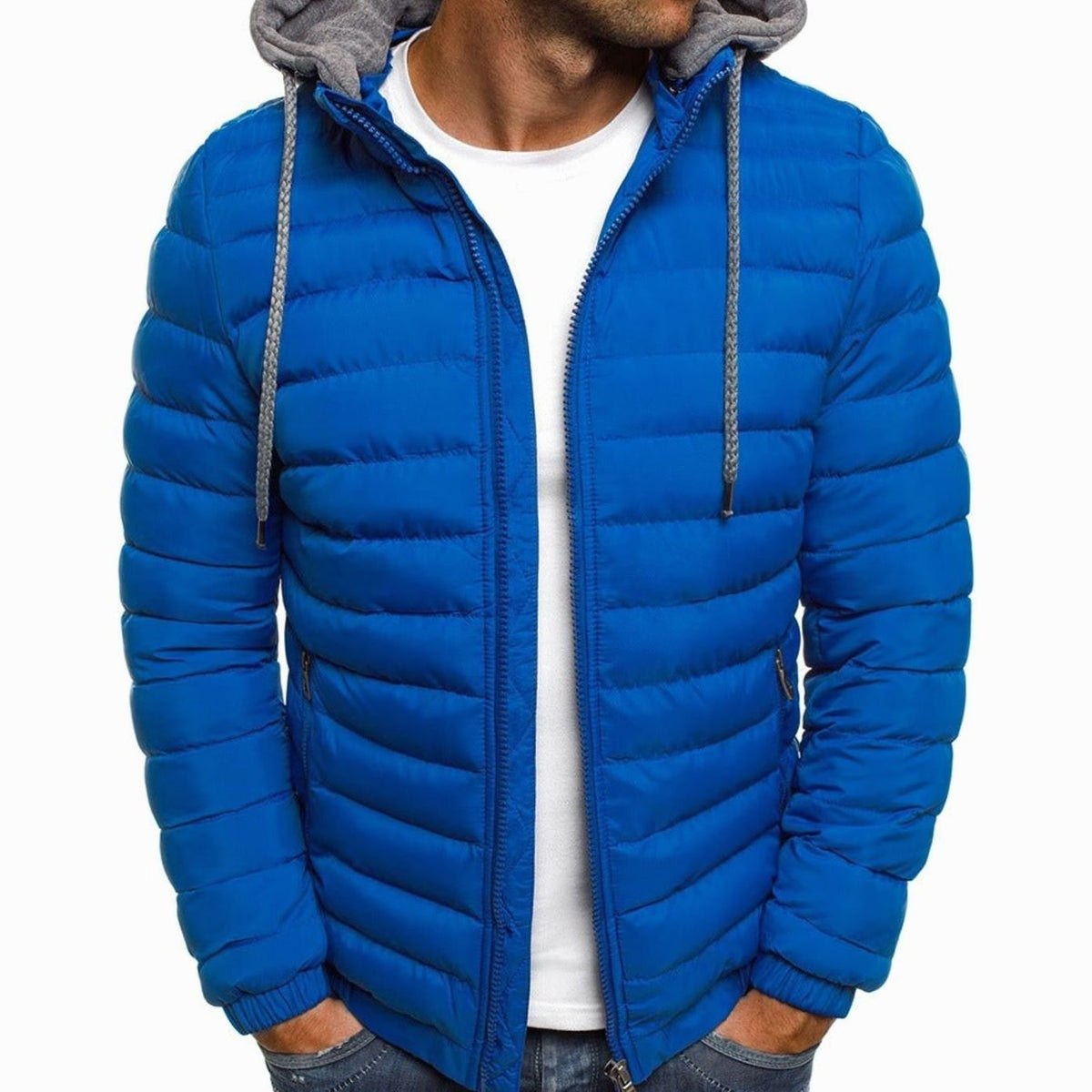Men's Lightweight Quilted Hooded Puffer Jacket Thermal Insulated - Royal Blue