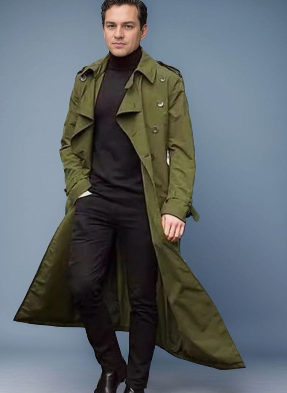 Men's Long Double-Breasted Belted Trench Coat Epaulette Detail - Olive Green