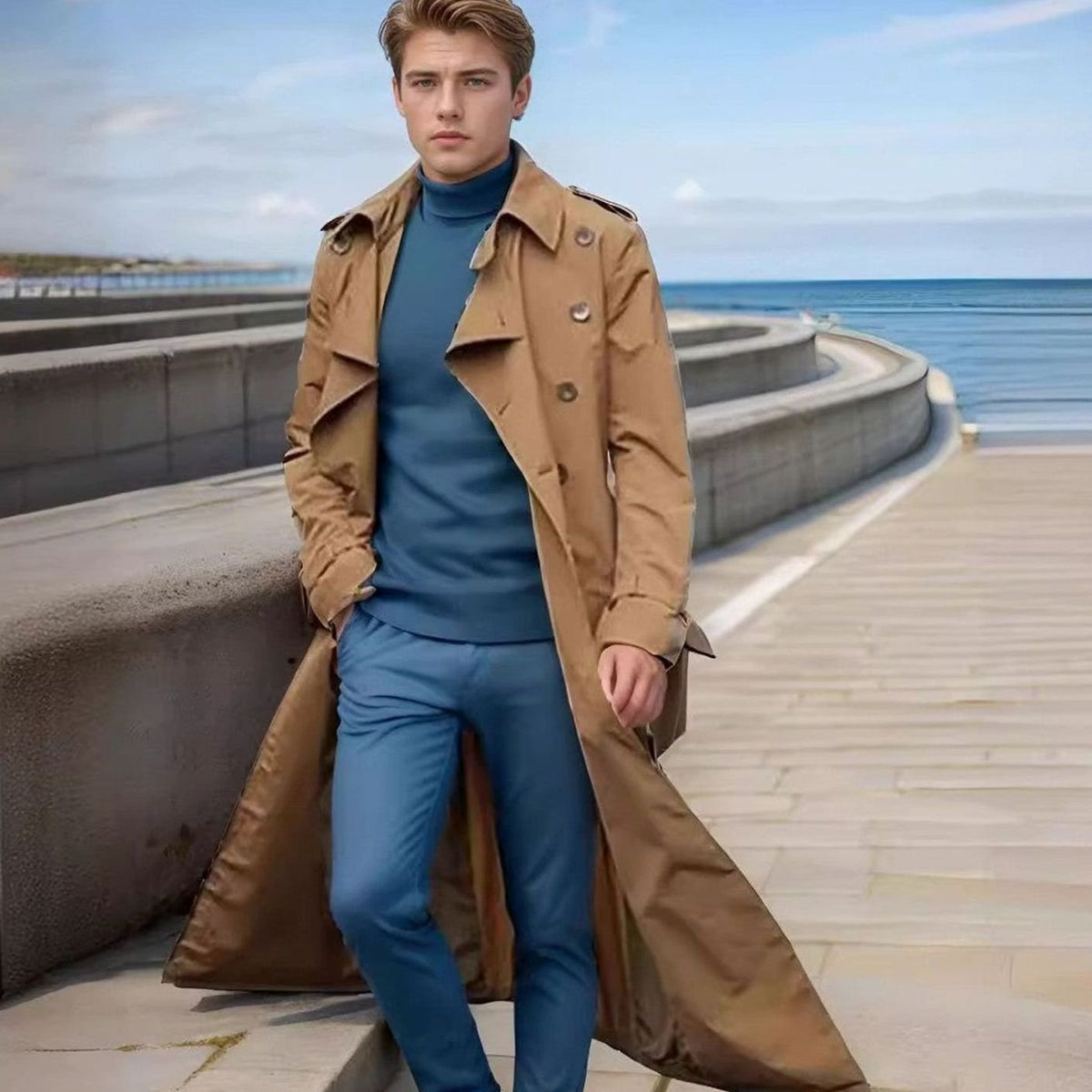 Men's Long Double-Breasted Belted Trench Coat Epaulette Detail