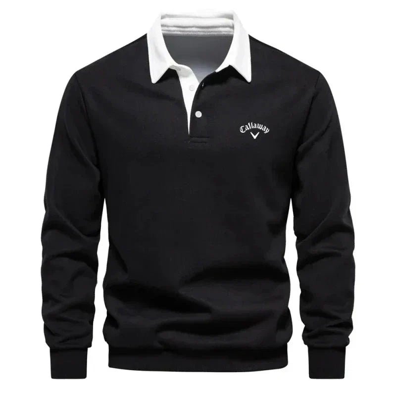Men's Long-Sleeve Contrast Collar Cotton-Blend Golf Polo Jumper - Black