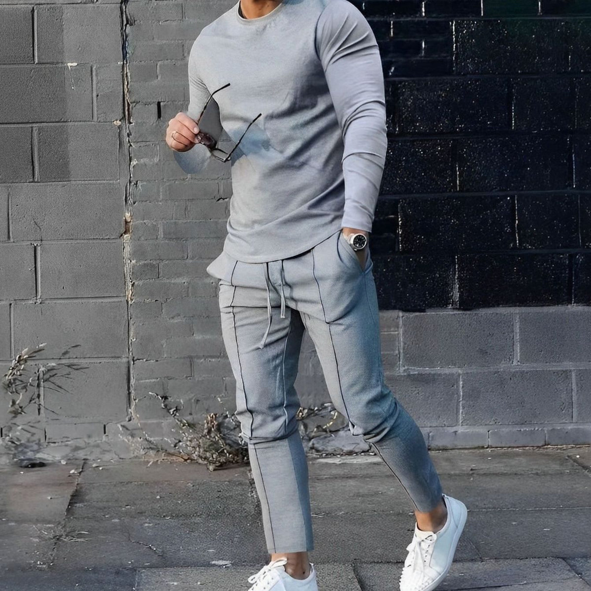 Men's Long-Sleeve Crew-Neck Jogger Two-Piece Sets - Grey