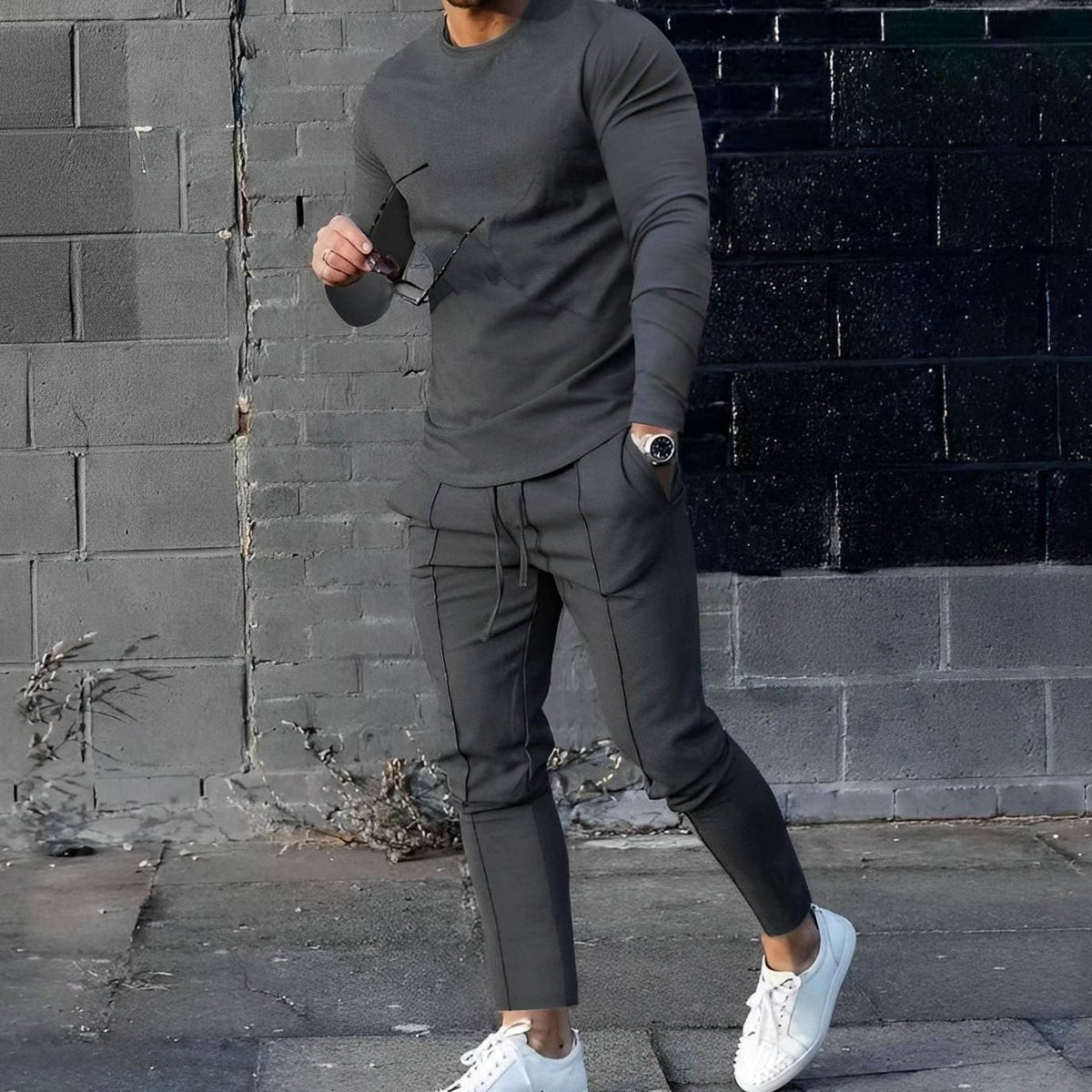 Men's Long-Sleeve Crew-Neck Jogger Two-Piece Sets - Dark Grey