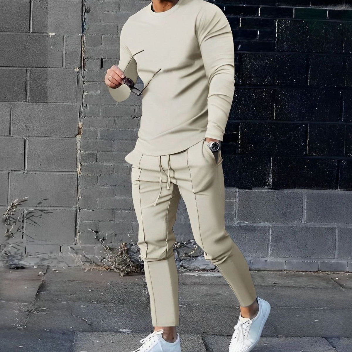 Men's Long-Sleeve Crew-Neck Jogger Two-Piece Sets - Beige