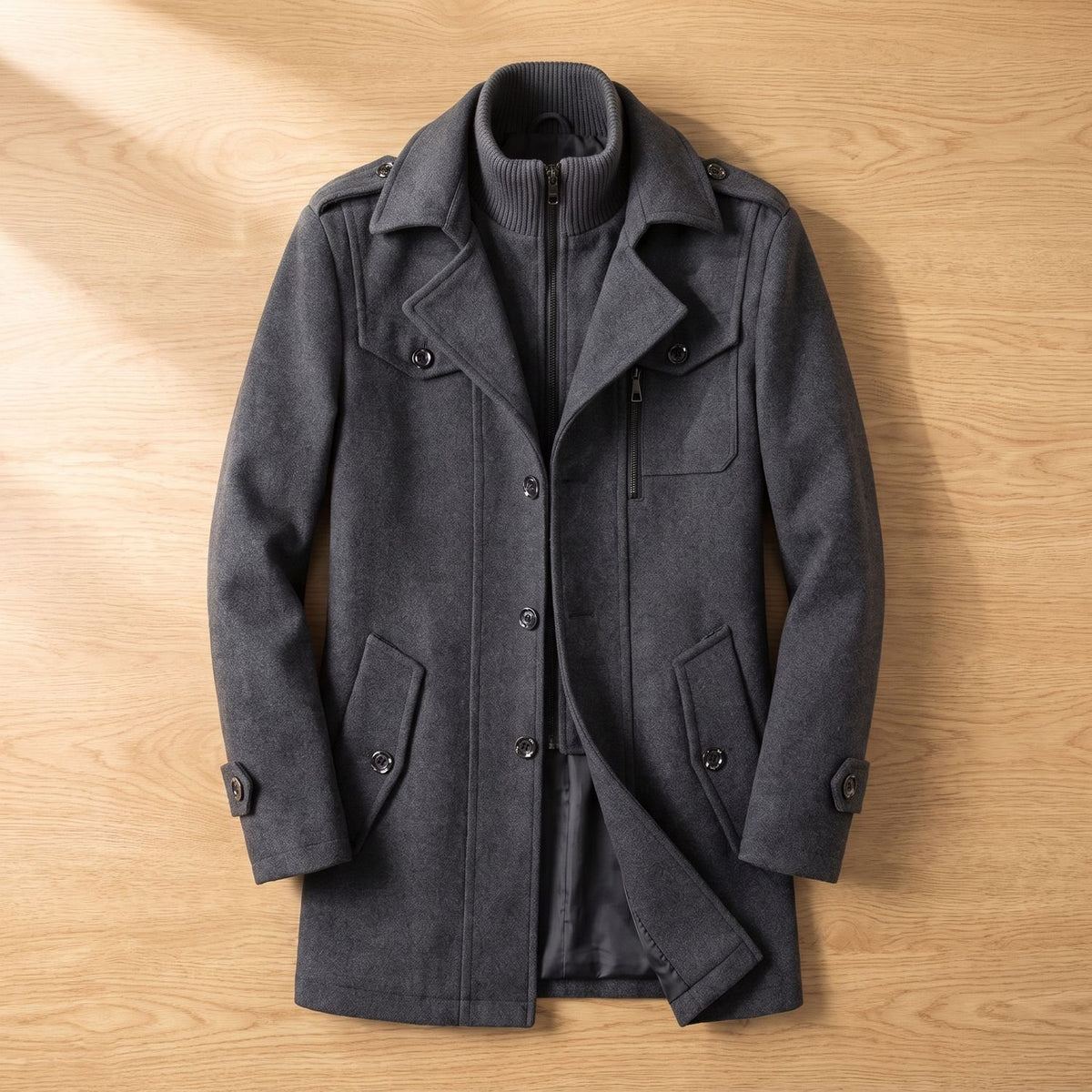 Men's Longline Heritage Wool Coat Button-Through Relaxed Fit - Gray