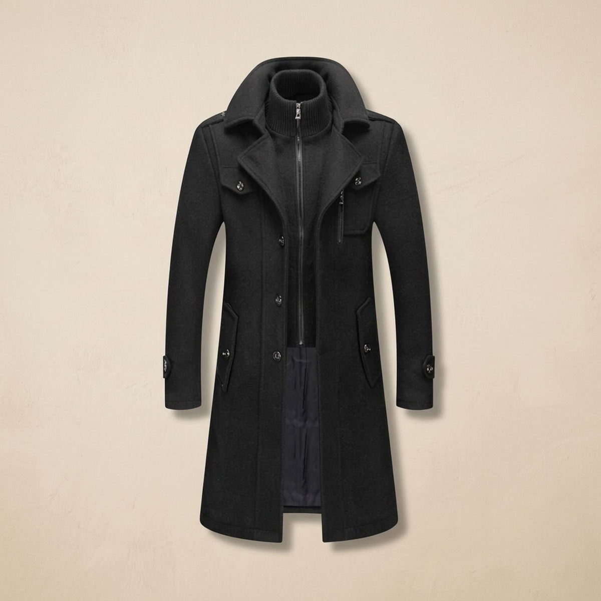 Men's Longline Heritage Wool Coat Button-Through Relaxed Fit
