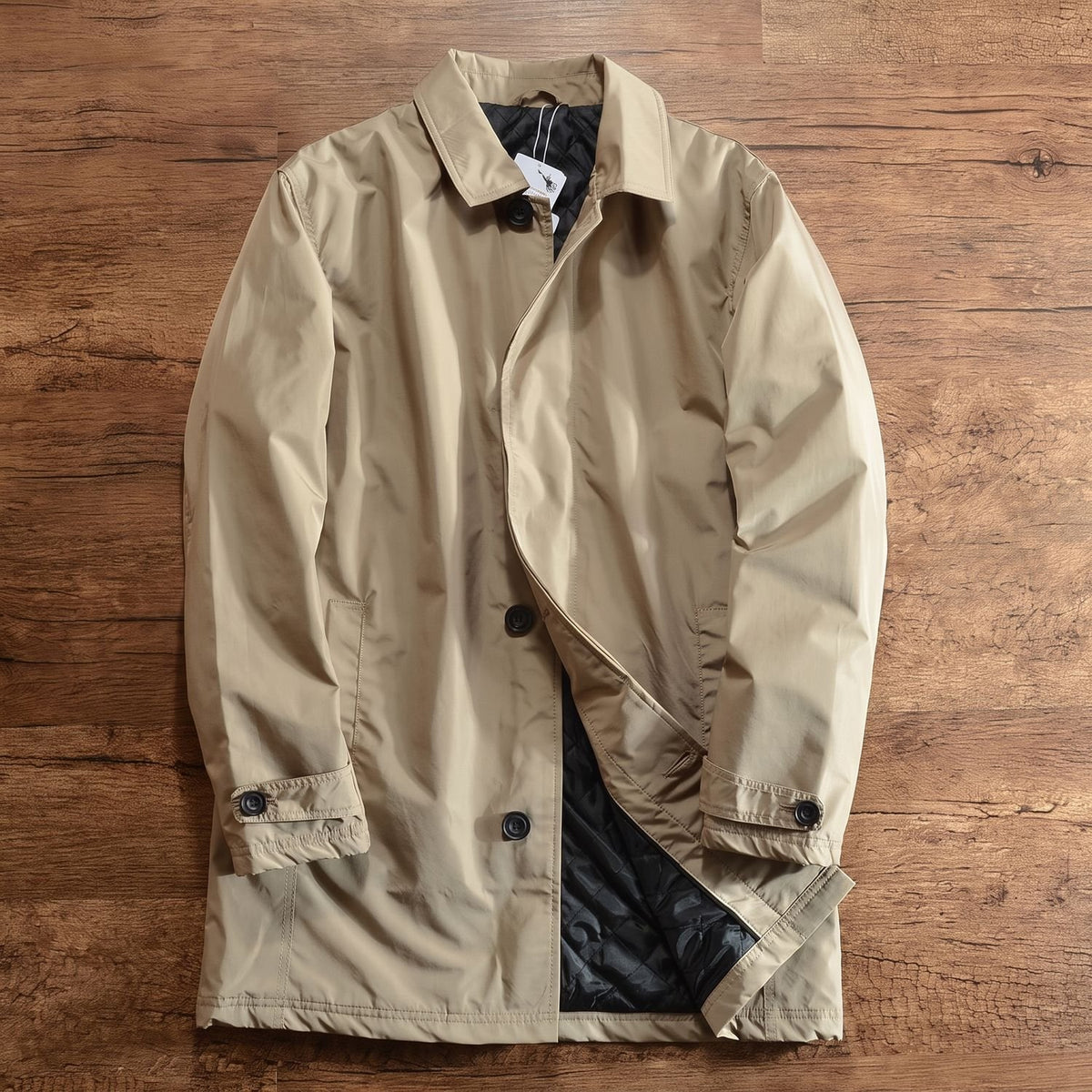 Men's Longline Quilted Button-Through Trench Coat - Beige
