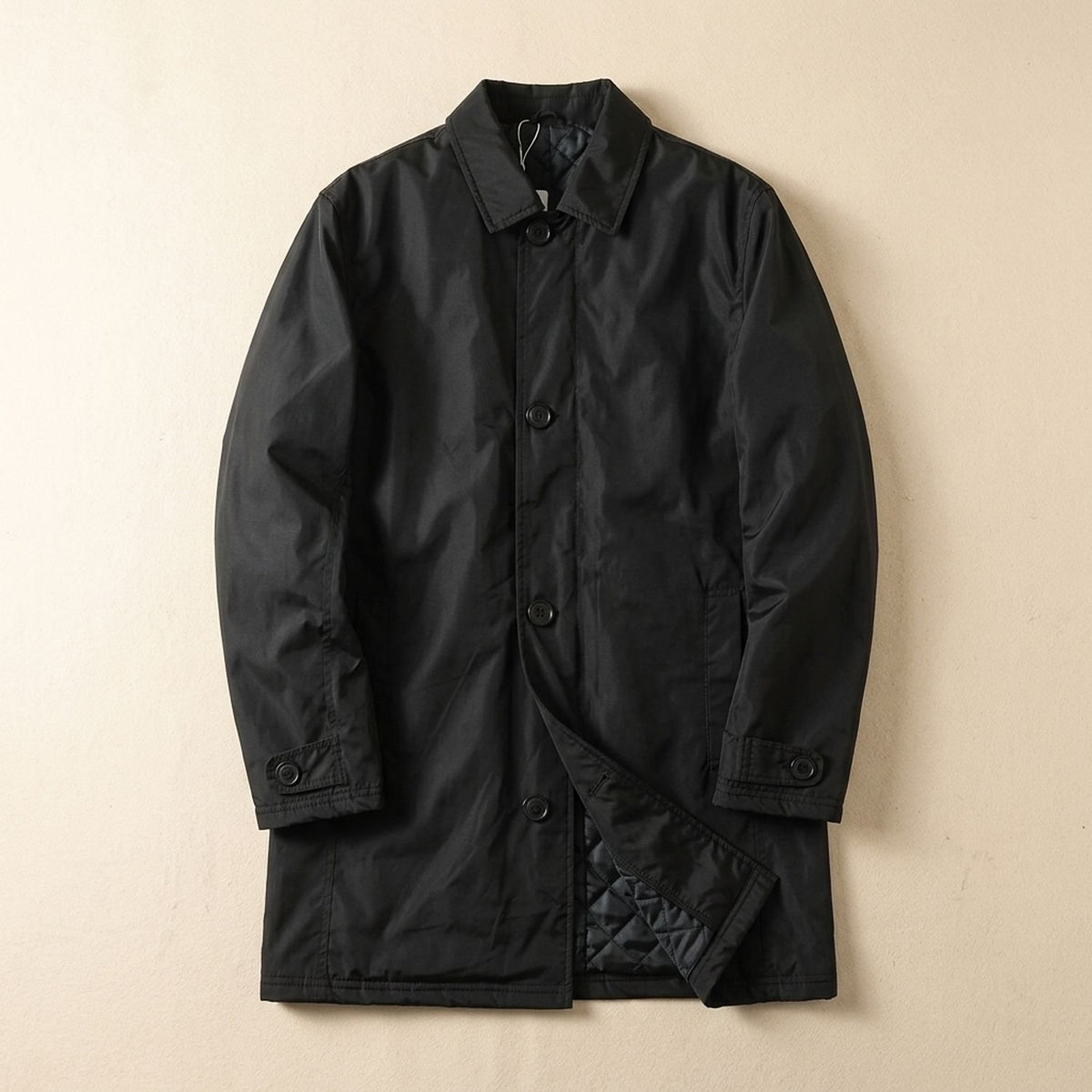Men's Longline Quilted Button-Through Trench Coat - Black