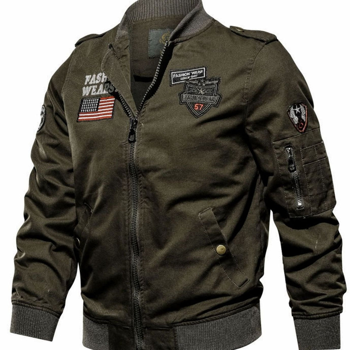 Men's Military Patch Zip-Up Bomber Jacket with Multi-Pockets - Green