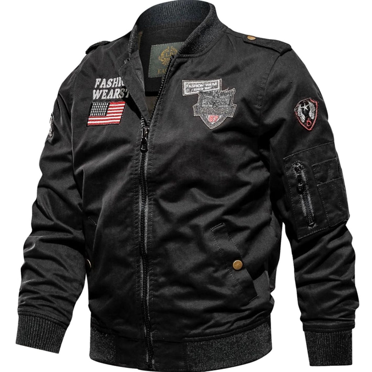 Men's Military Patch Zip-Up Bomber Jacket with Multi-Pockets - Black