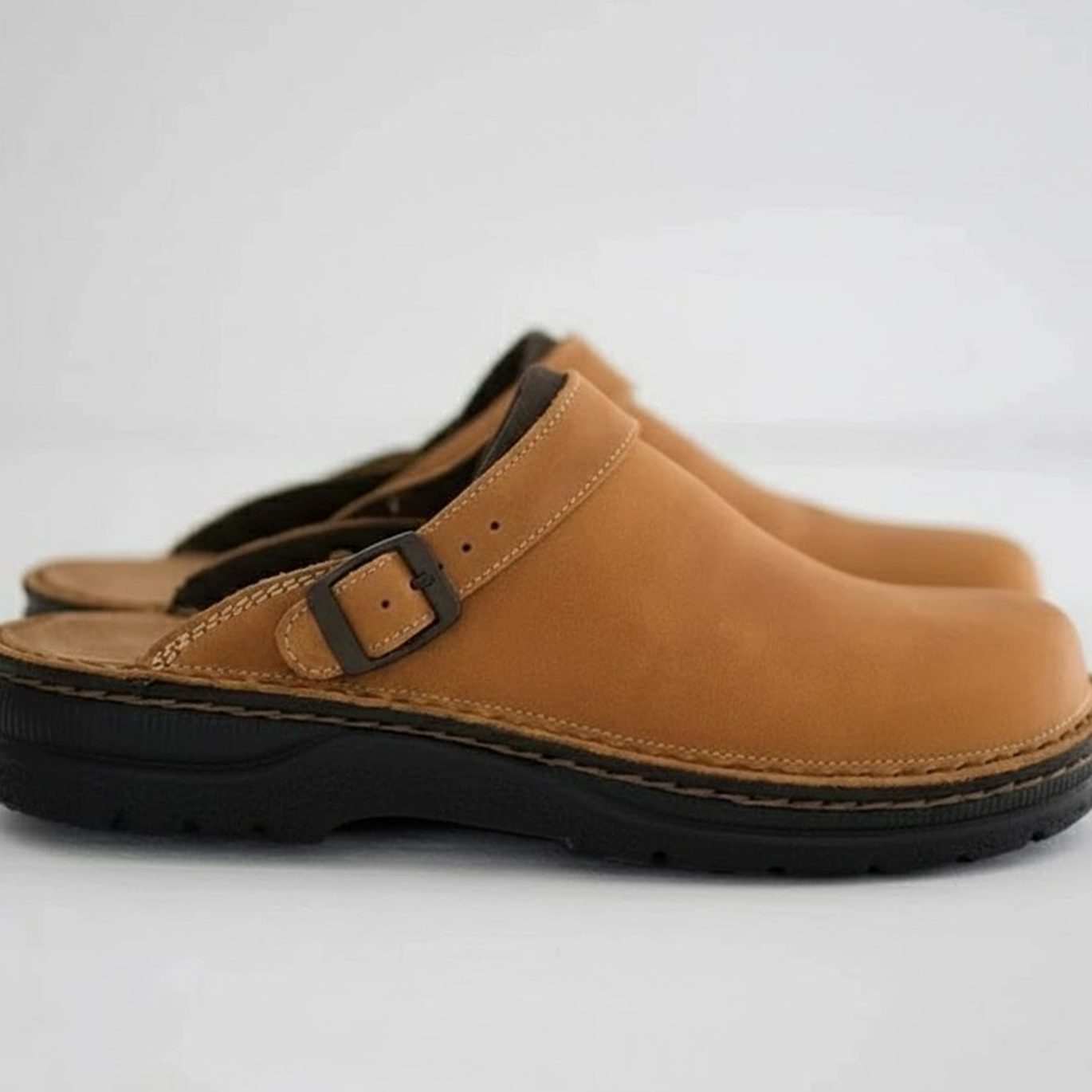 Men's Orthopaedic Leather Buckle Slip-On Clogs - Coffee