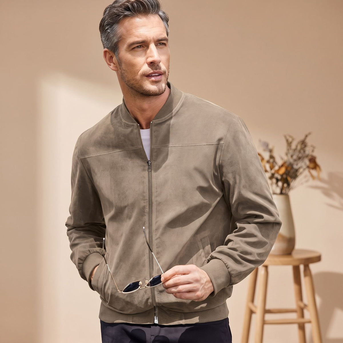Men's Oversized Zip-Up Suede Bomber Jacket - Light Brown