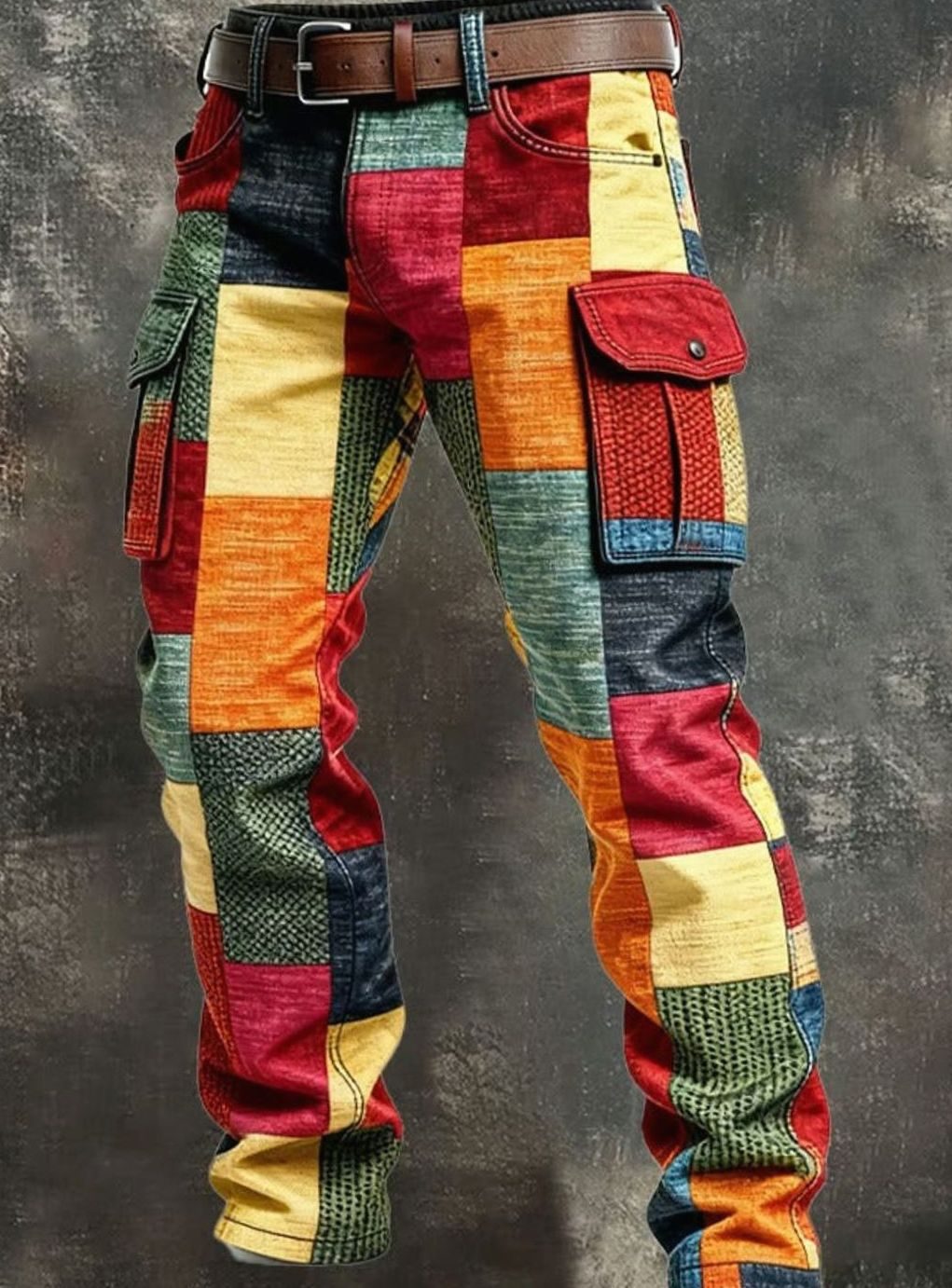 Men's Patchwork Colourblock Regular-Fit Cargo Trousers - Multicolour