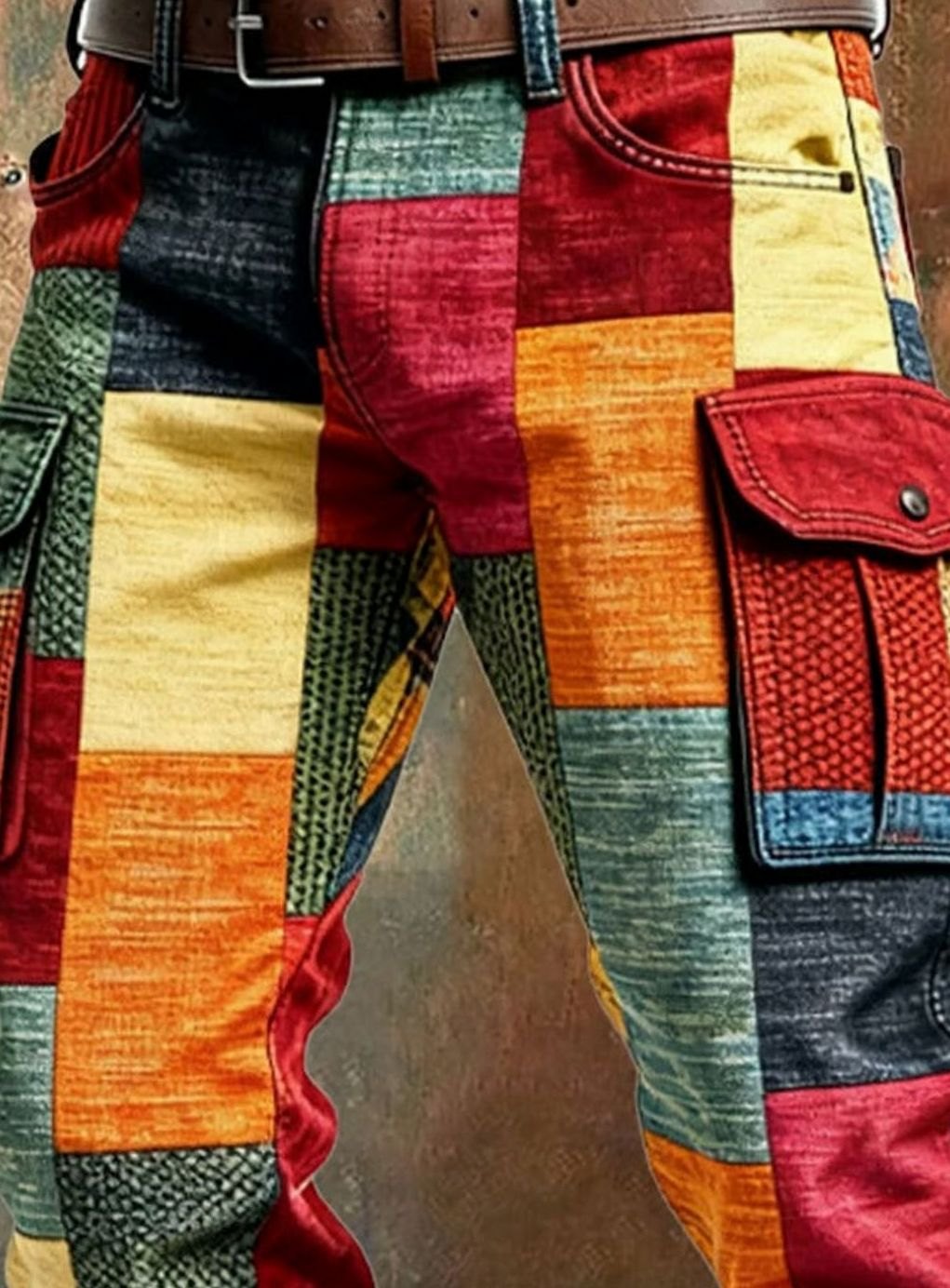 Men's Patchwork Colourblock Regular-Fit Cargo Trousers