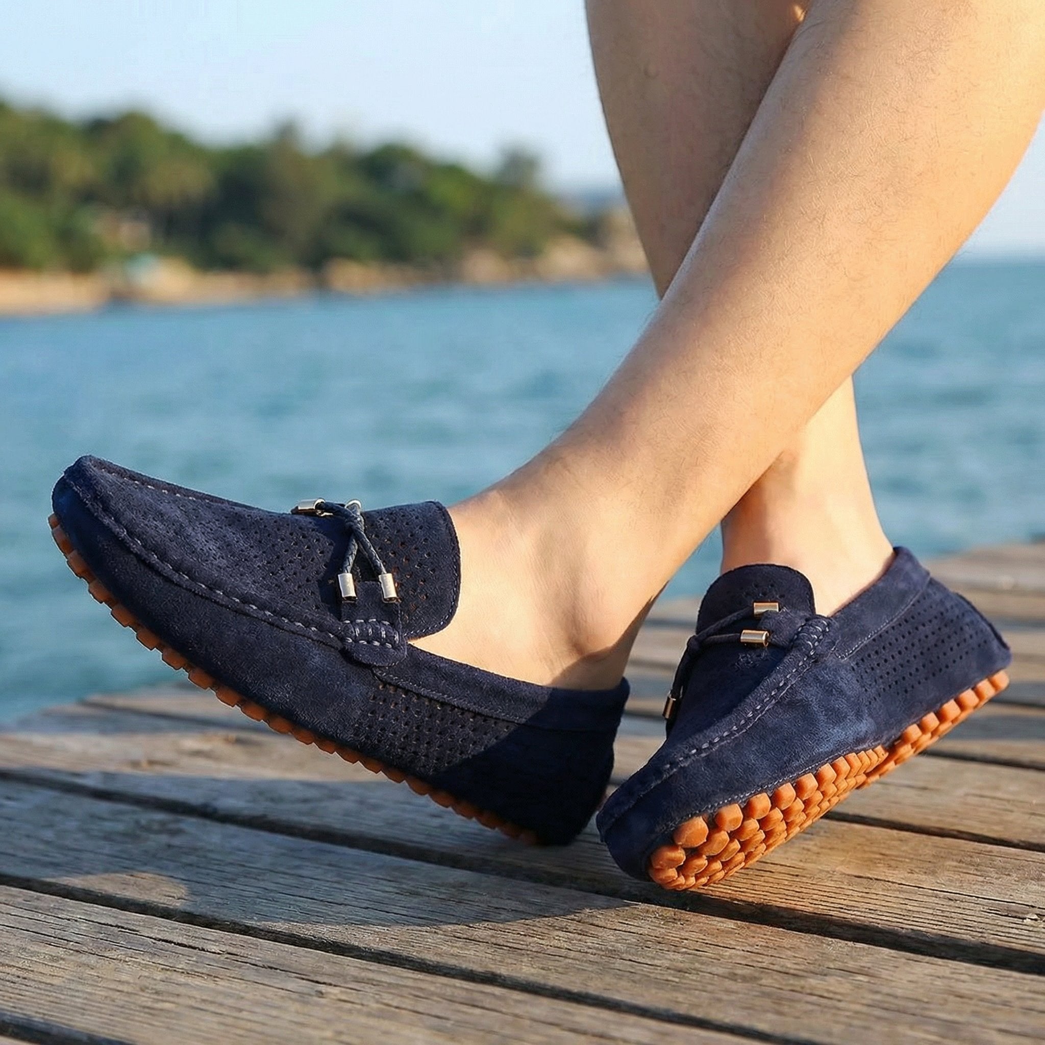 Men's Perforated Suede Slip-On Loafers Contrast Sole