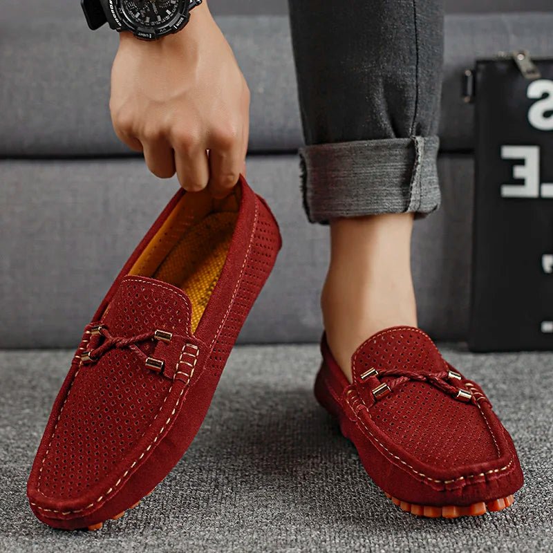 Men's Perforated Suede Slip-On Loafers Contrast Sole