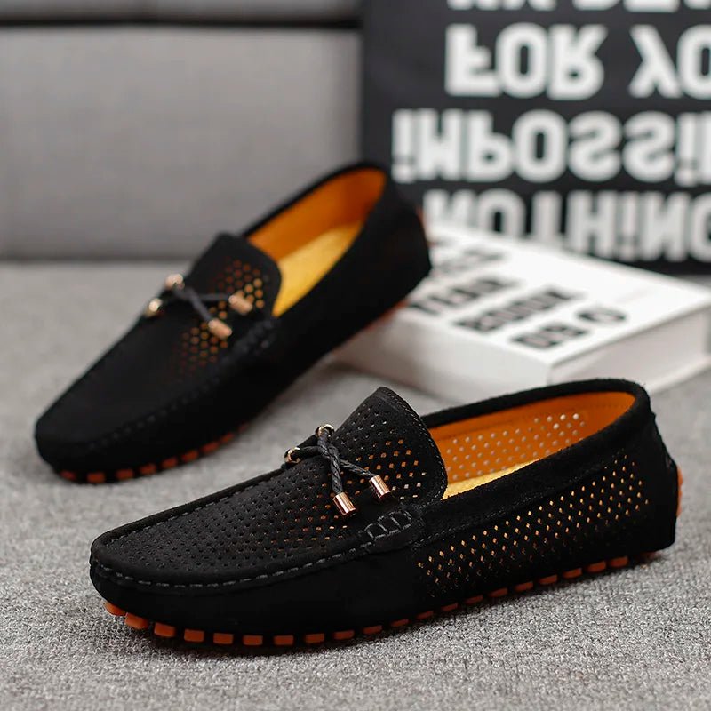 Men's Perforated Suede Slip-On Loafers Contrast Sole