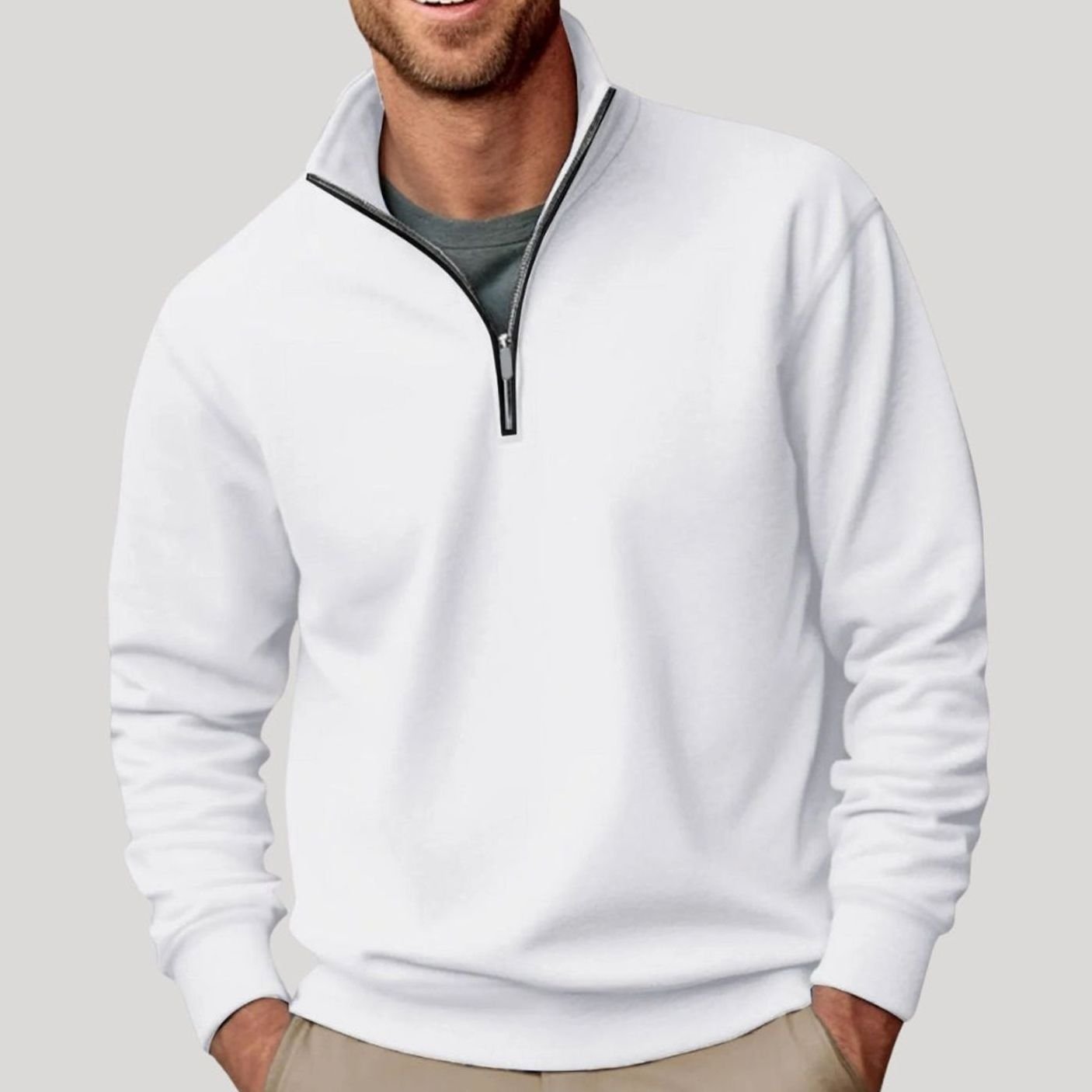 Men's Quarter-Zip Collar Sweatshirt Relaxed Fit Pullover - White