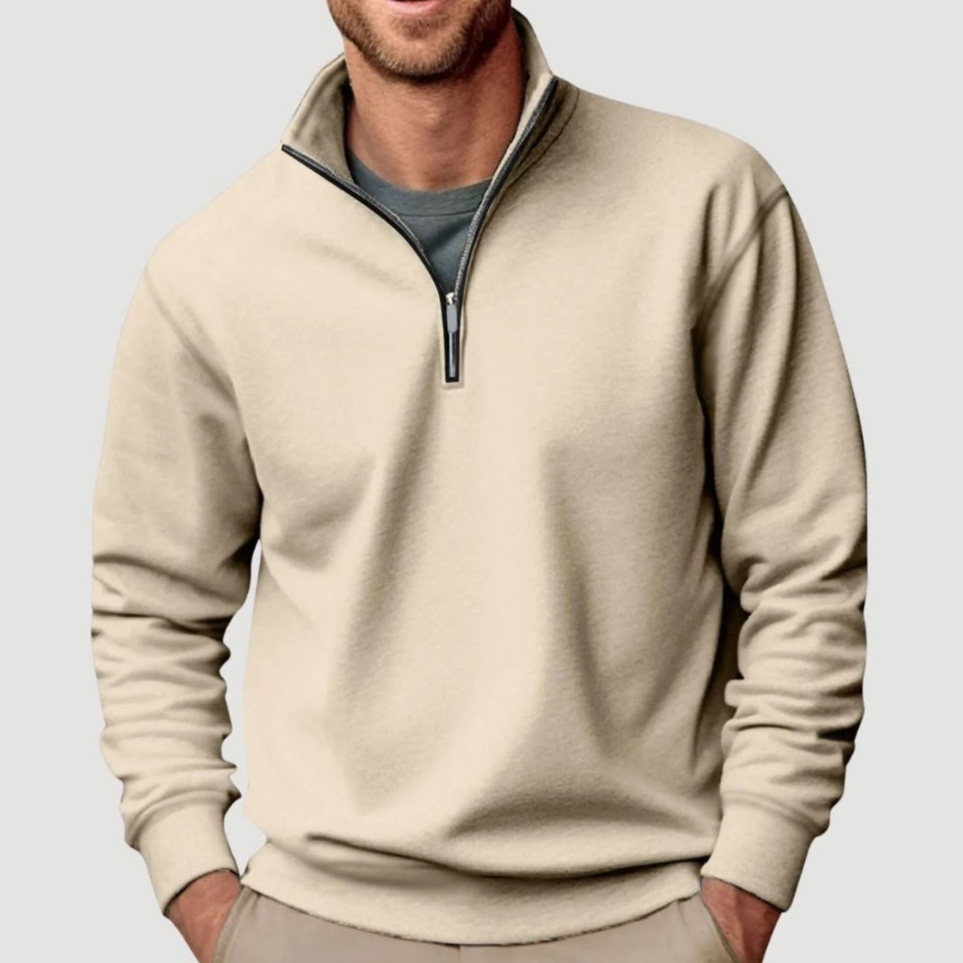 Men's Quarter-Zip Collar Sweatshirt Relaxed Fit Pullover - Beige