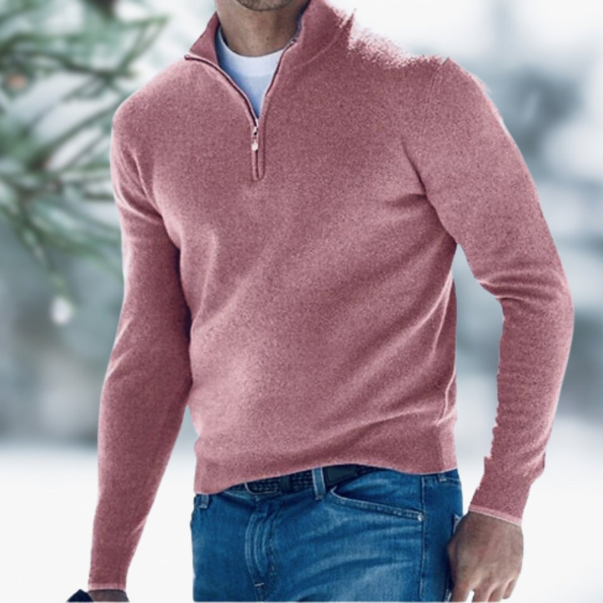 Men's Quarter-Zip Knit Sweater Soft Fine-Knit Pullover - Pink
