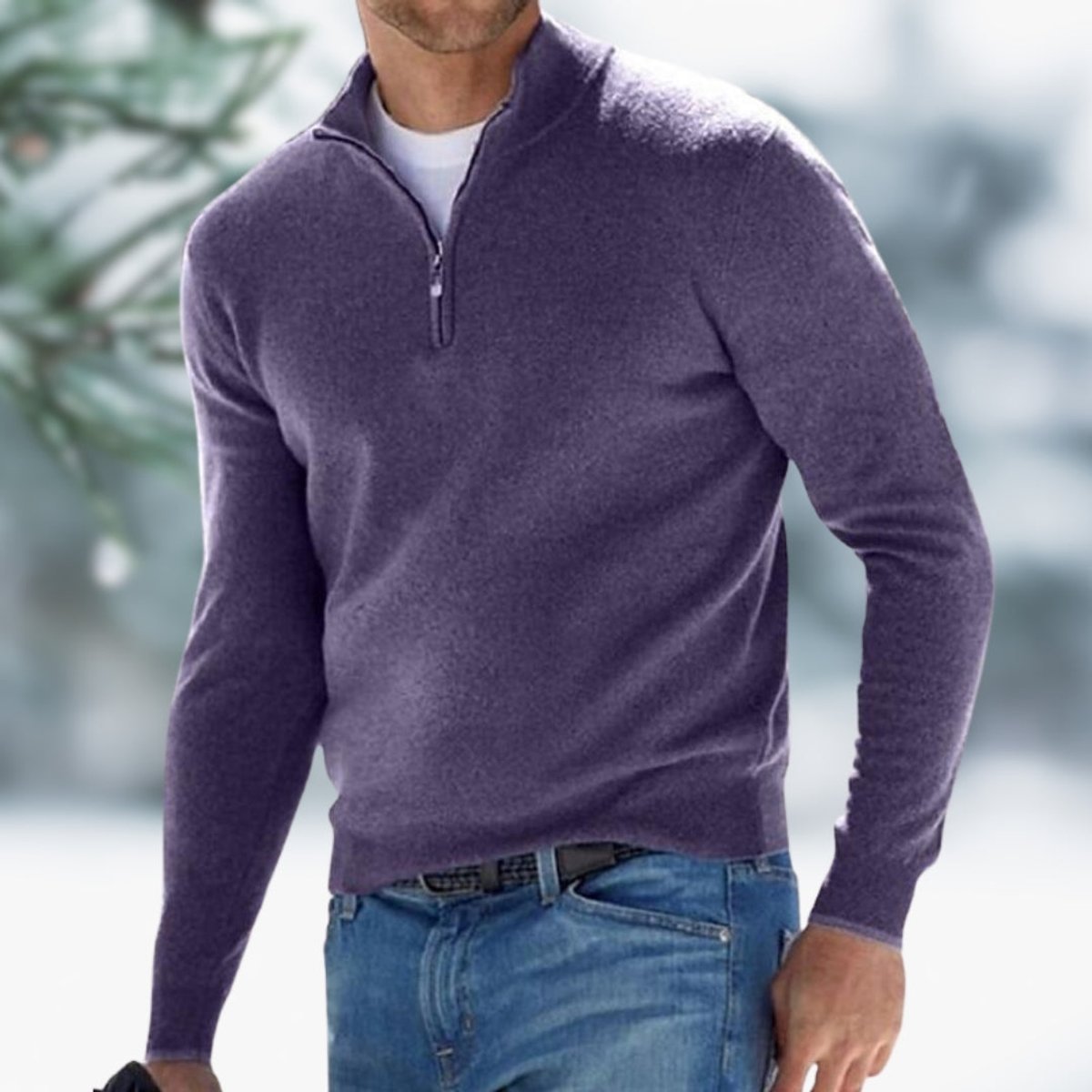 Men's Quarter-Zip Knit Sweater Soft Fine-Knit Pullover - Purple
