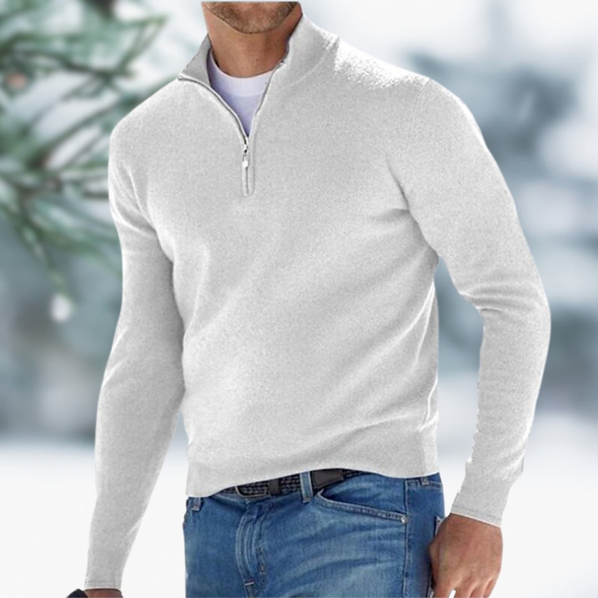 Men's Quarter-Zip Knit Sweater Soft Fine-Knit Pullover - White