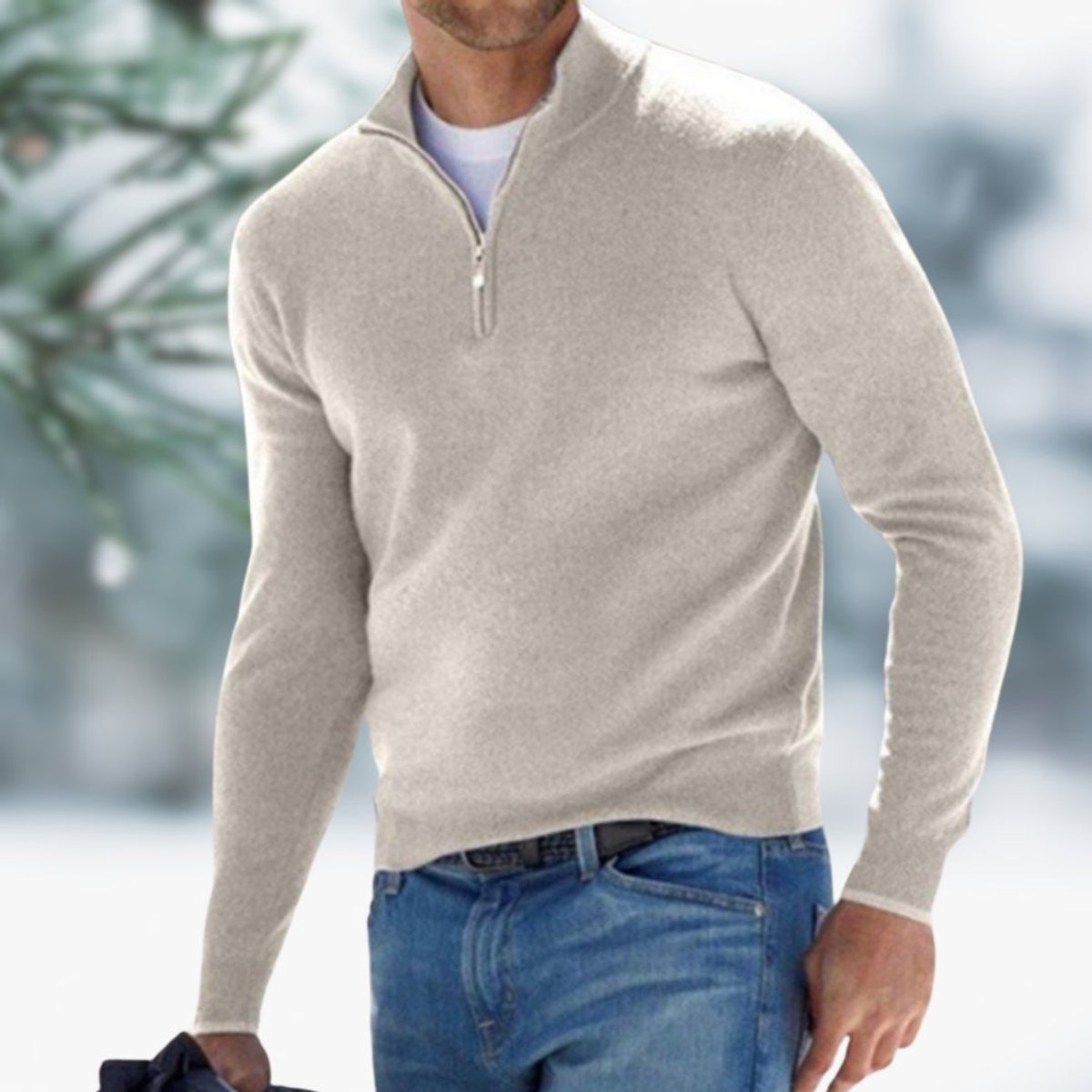 Men's Quarter-Zip Knit Sweater Soft Fine-Knit Pullover - Khaki