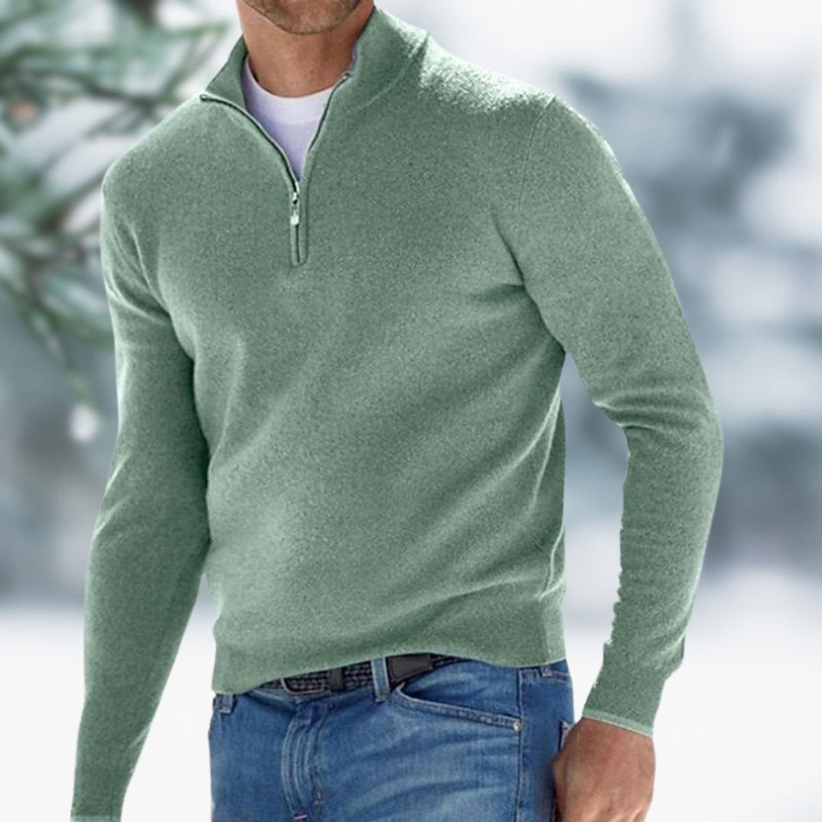 Men's Quarter-Zip Knit Sweater Soft Fine-Knit Pullover - Green