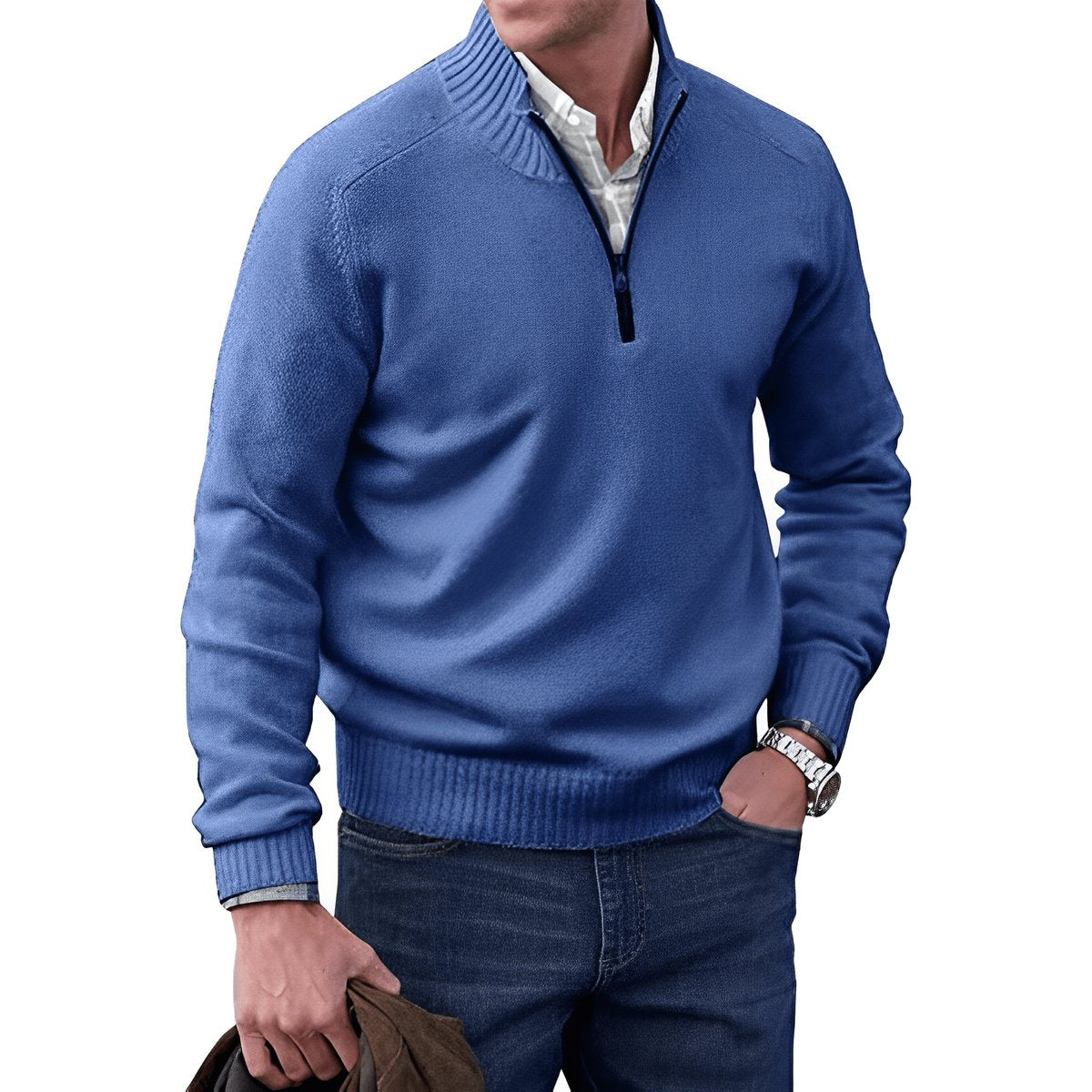 Men's Quarter-Zip Long-Sleeve Knit Pullover Sweater - Blue
