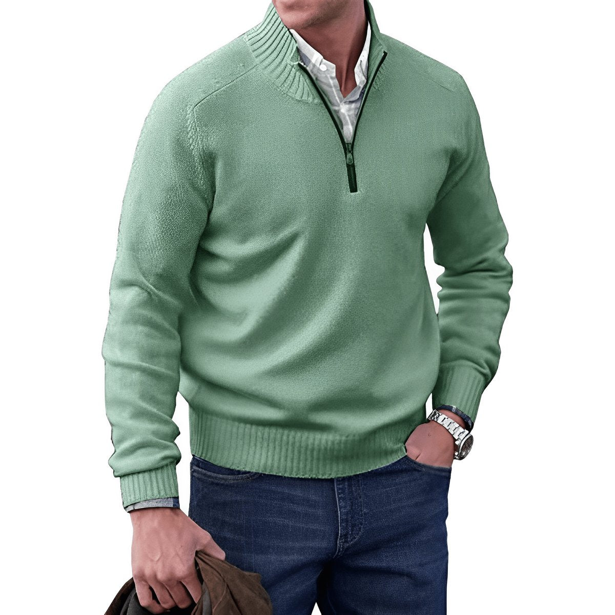 Men's Quarter-Zip Long-Sleeve Knit Pullover Sweater - Green