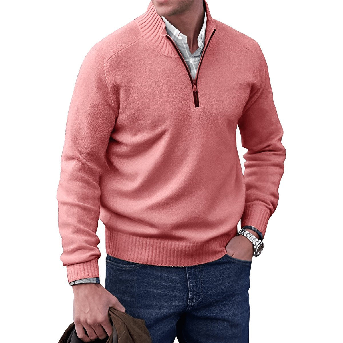 Men's Quarter-Zip Long-Sleeve Knit Pullover Sweater - Pink