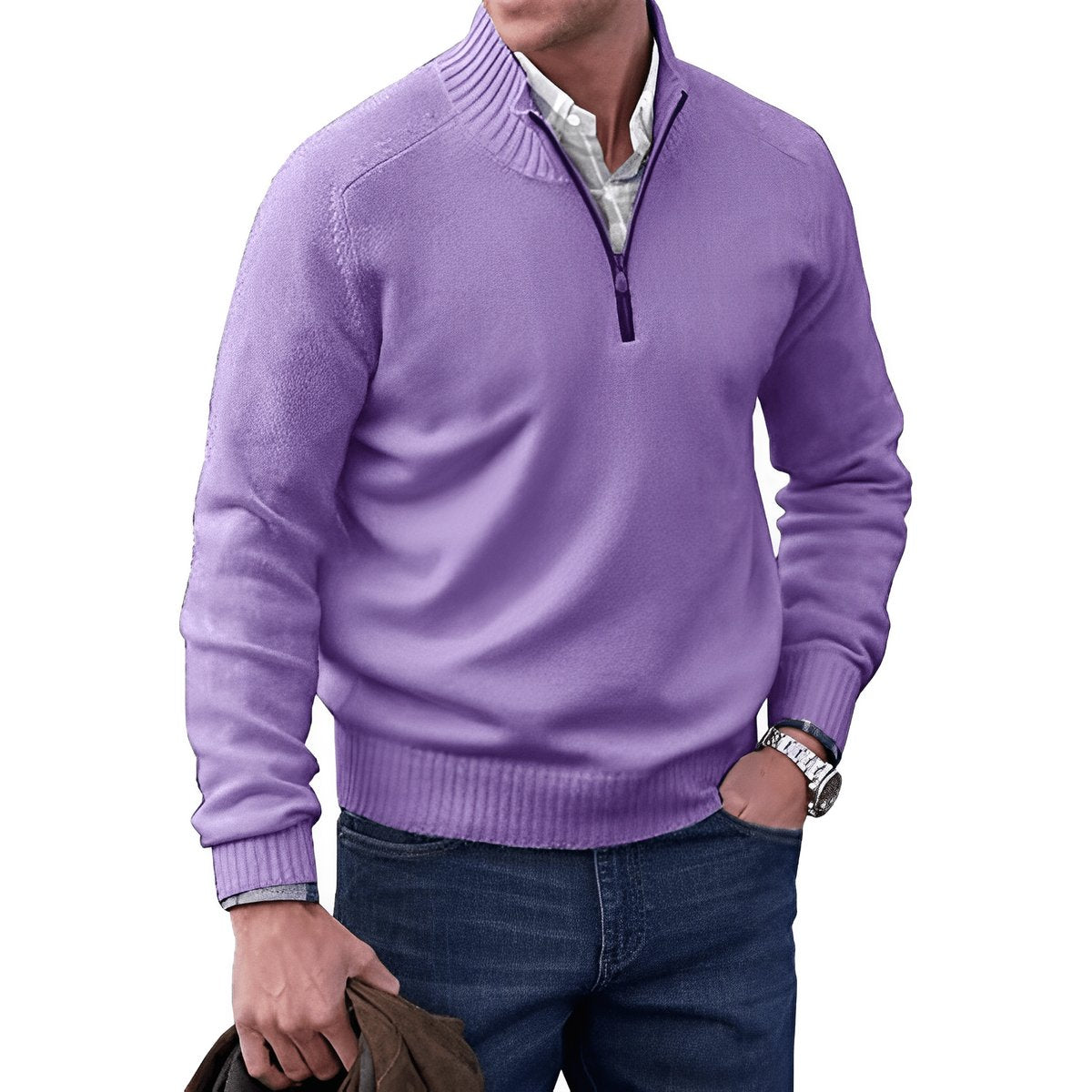 Men's Quarter-Zip Long-Sleeve Knit Pullover Sweater - Purple