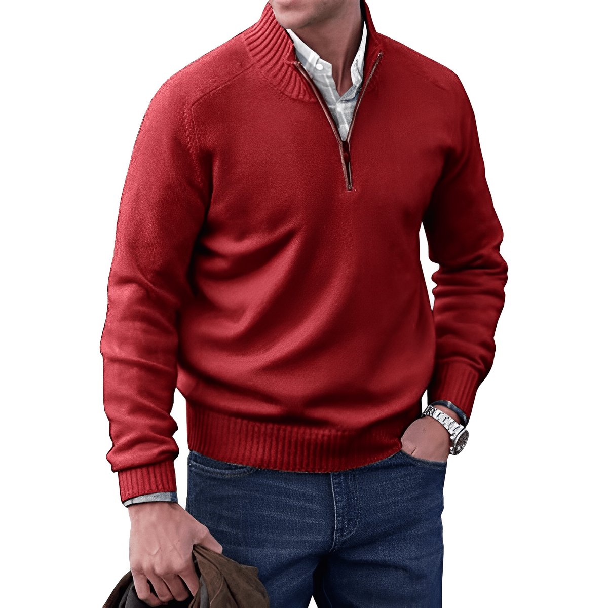Men's Quarter-Zip Long-Sleeve Knit Pullover Sweater - Red