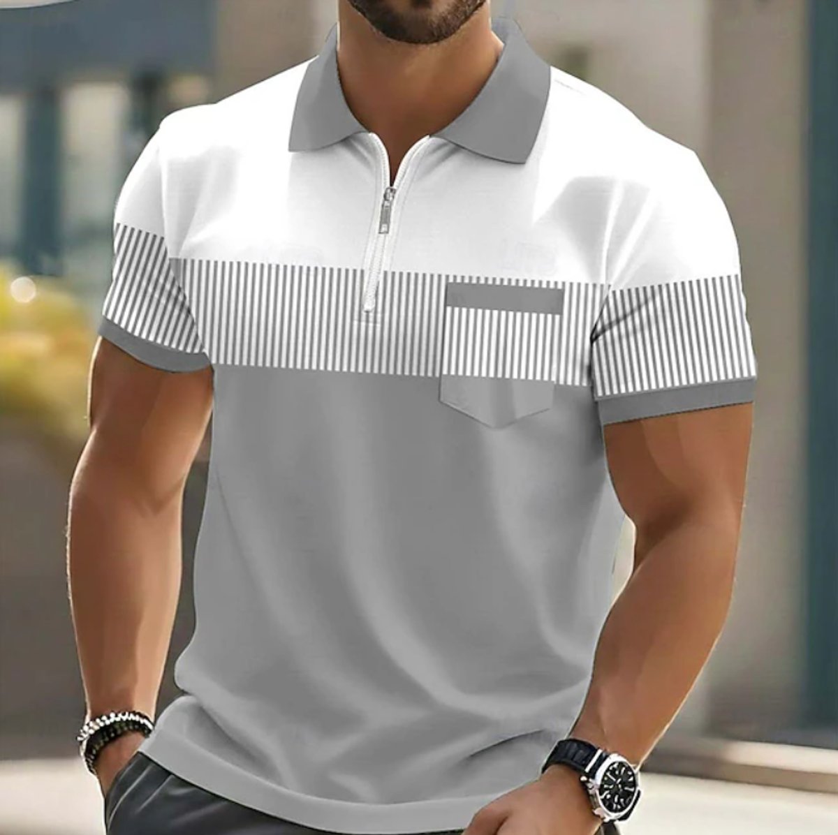 Men's Quarter-Zip Striped Colourblock Short-Sleeve Polo Shirt - Grey