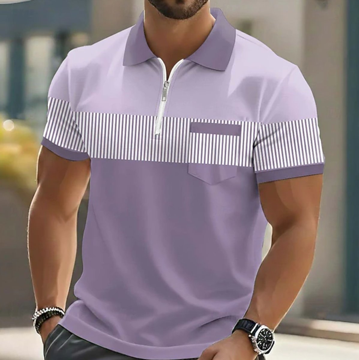 Men's Quarter-Zip Striped Colourblock Short-Sleeve Polo Shirt - Purple